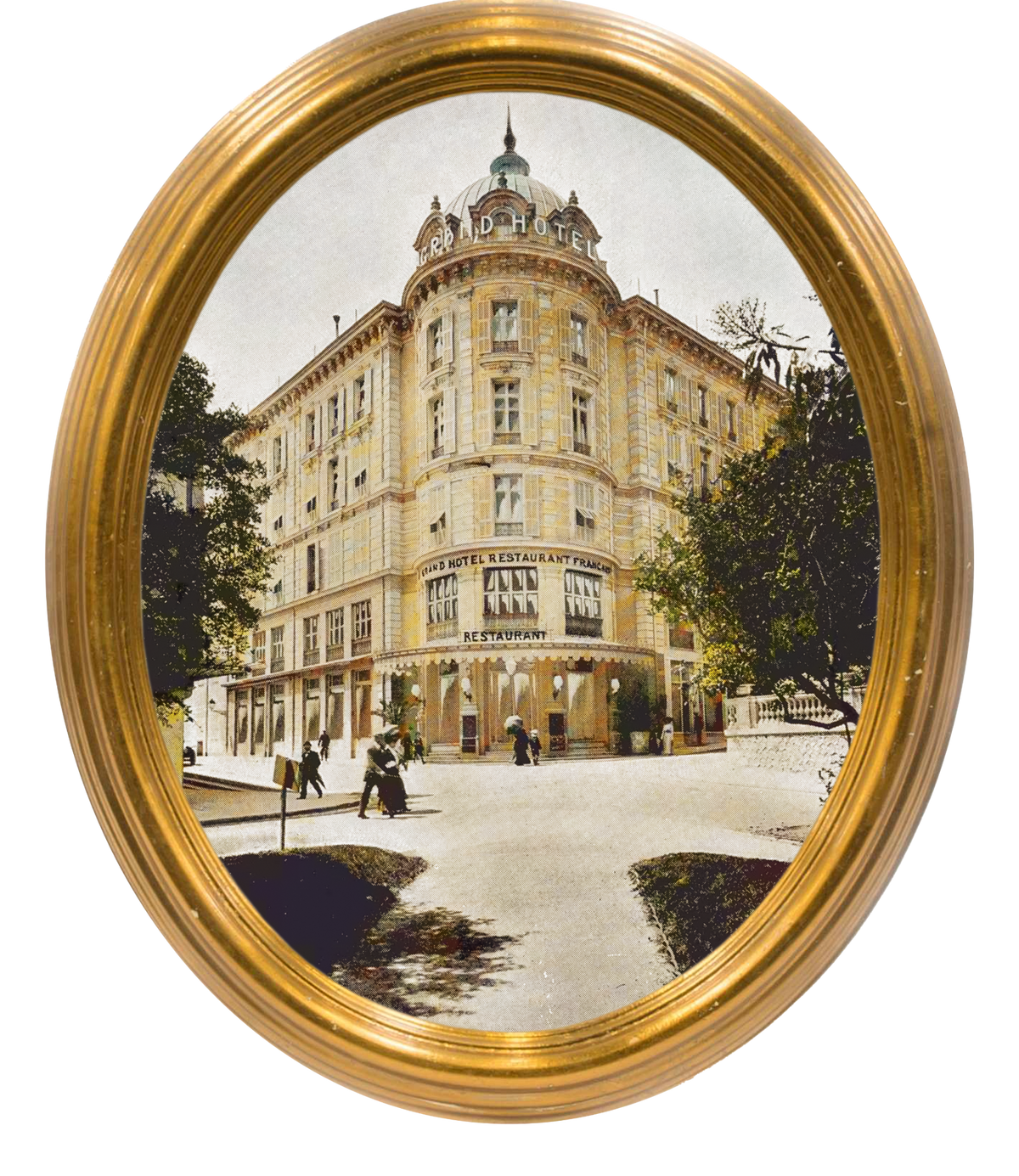 Vintage-style oval photograph of a large building with a gold frame.