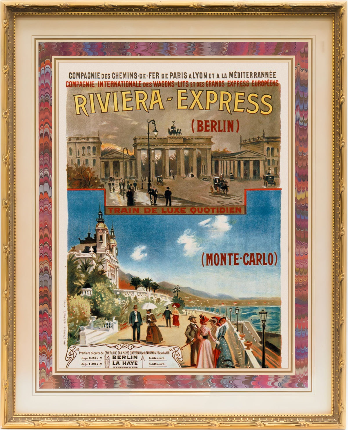 Vintage travel poster for Riviera-Express train service with scenic images and text.