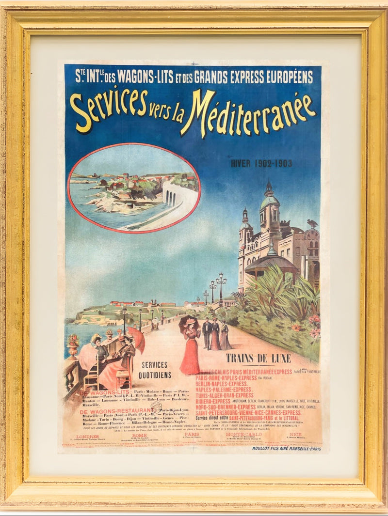 Vintage travel poster for Mediterranean services framed in gold on a white background