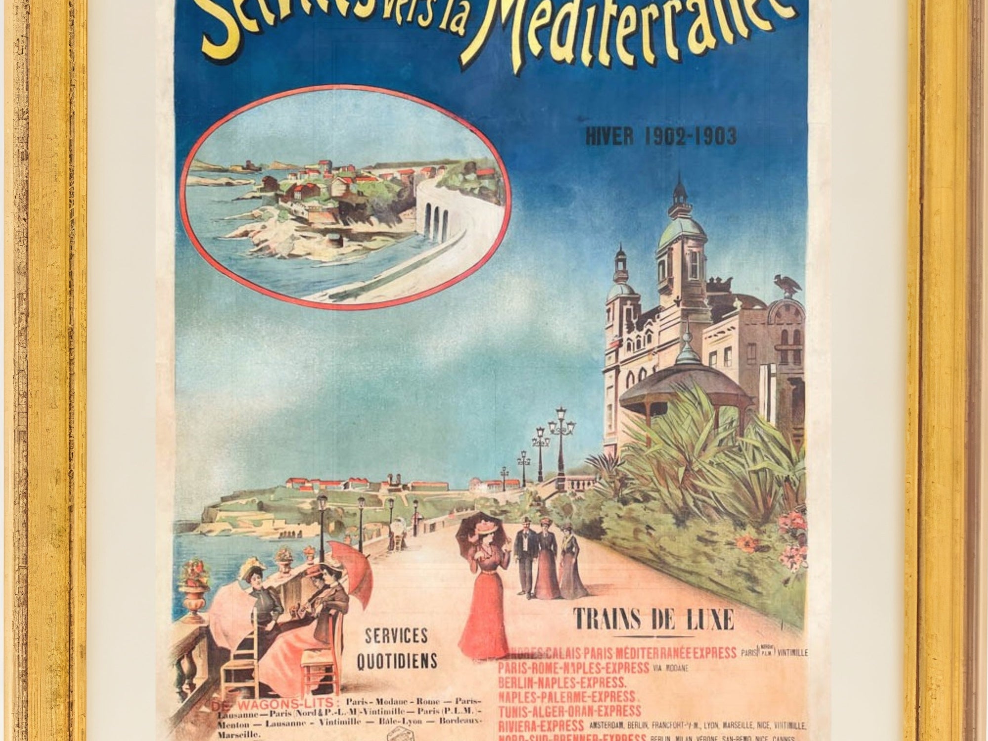 Vintage travel poster for Mediterranean services framed in gold on a white background