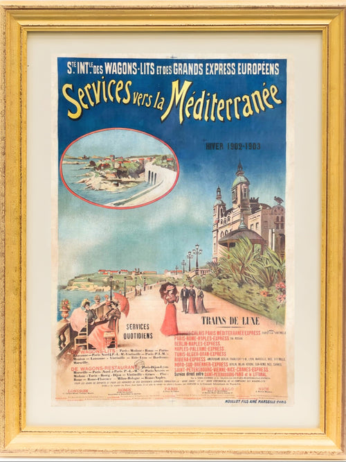 Vintage travel poster for Mediterranean services framed in gold on a white background