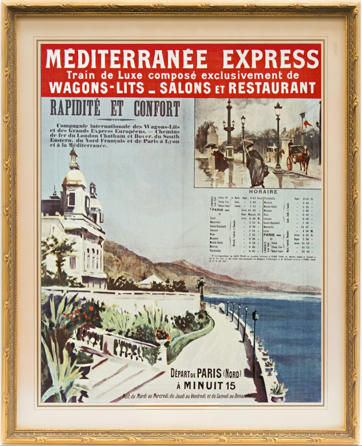 Vintage advertisement poster for 'Mediterranée Express' train service with scenic illustration and text.