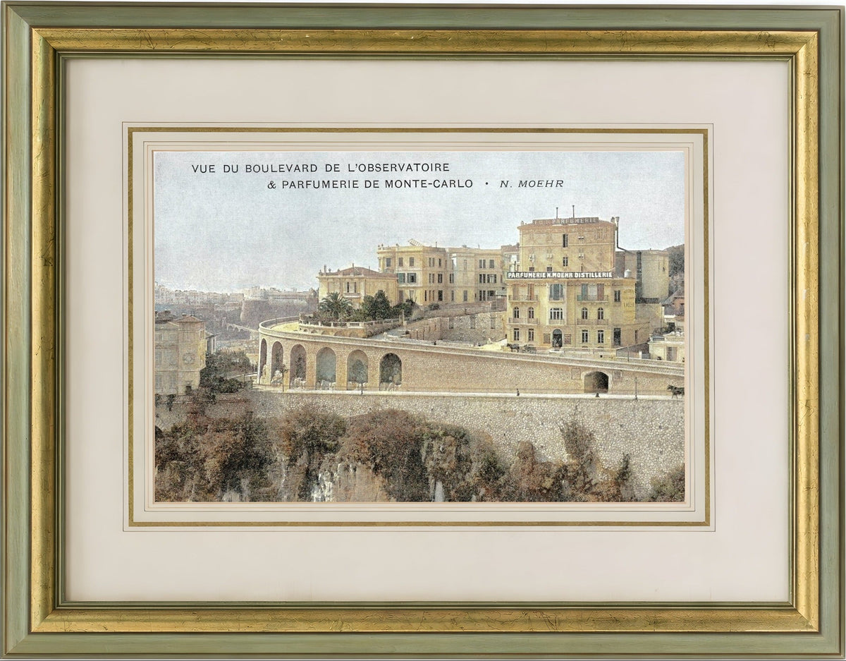 Framed vintage print of a scenic view on la parfumerie de monte-carlo