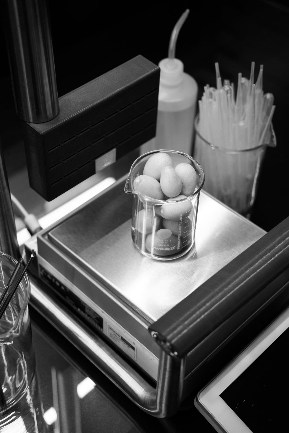 Black and white photo of a glass container with raw materials on a scale.